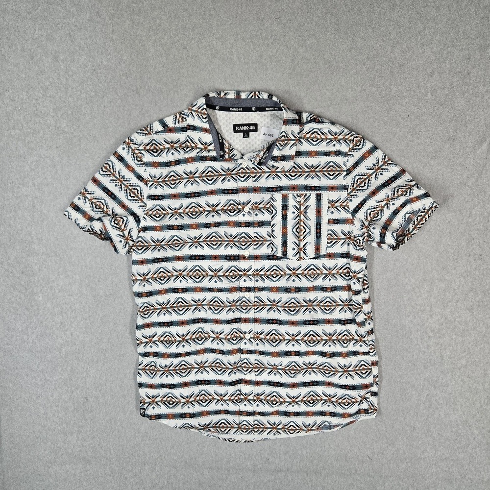 RANK:45 Men Button Up Shirt L White Casual Shirt Geometric Western